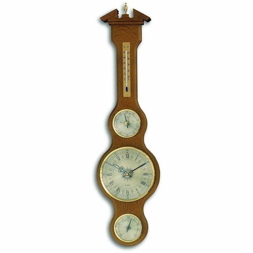 Oak banjo barometer with clock - with,
